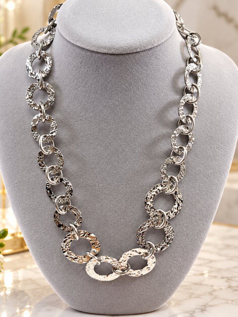 Stainless Steel Hammered Circle Link Necklace Milor Italy MCM Disk Necklace